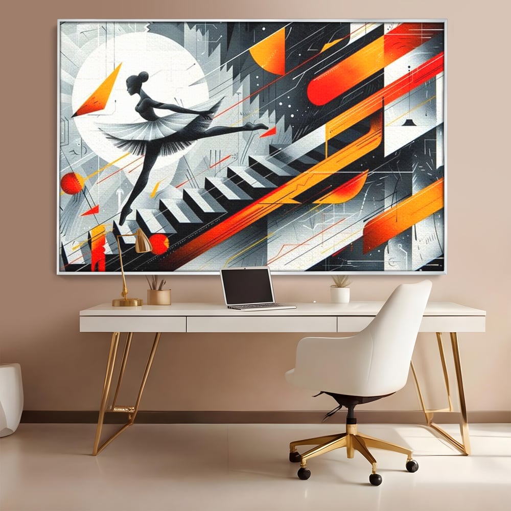 Tablou canvas cu tablou canvas cu balerina pe scari si cosmos, in rama de aluminiu argintiu, pe perete intr-un birou
